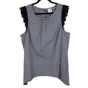 Cabi Cotton Blend Blue White Seersucker Stripe Lace Flutter Sharkbite Hem XL Top
